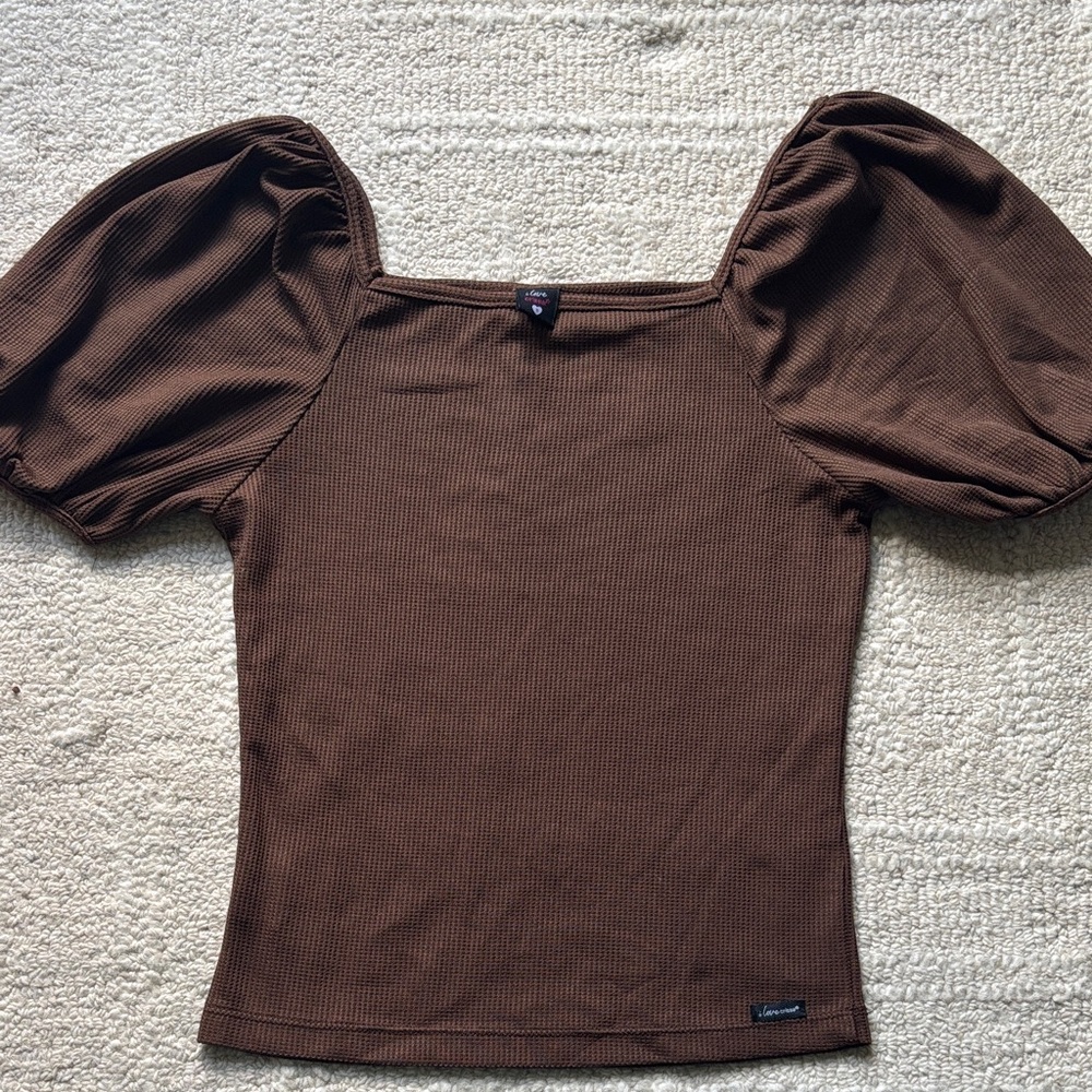 Brown Puff Sleeve Square Neck Women's Top